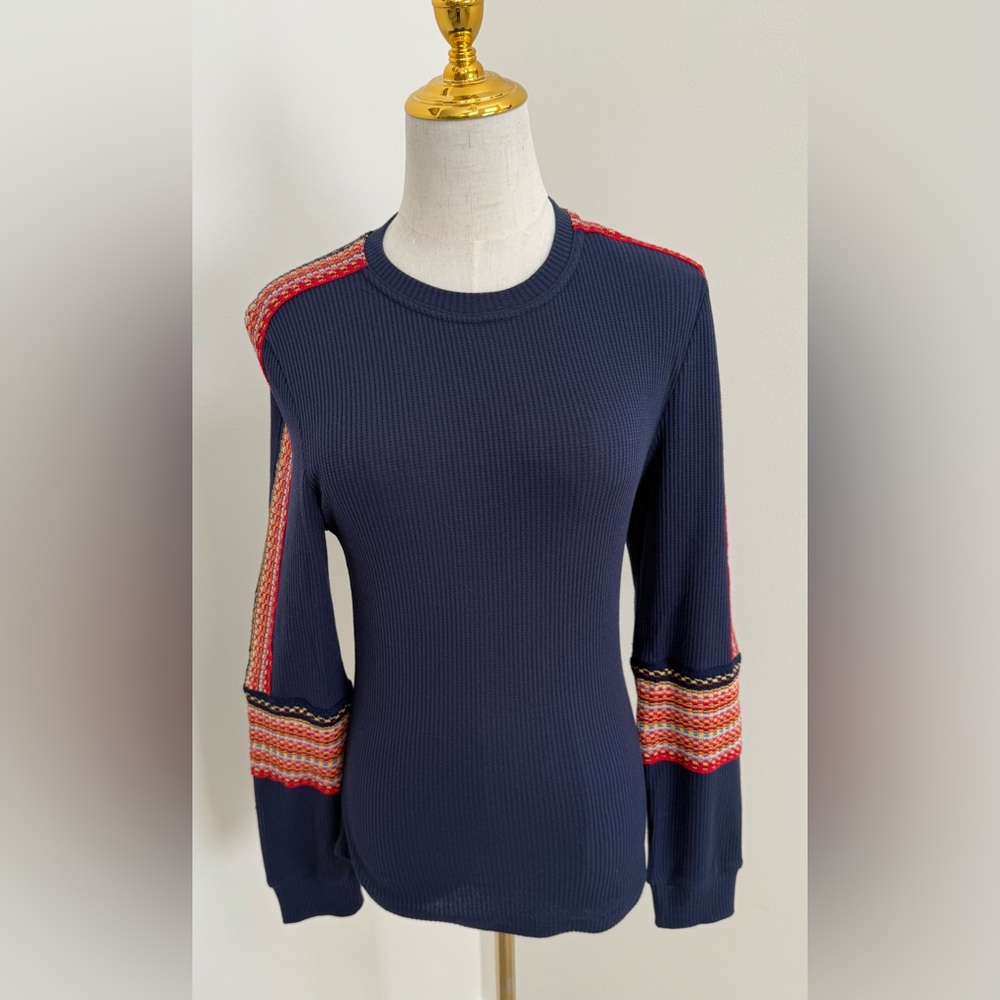 NWT NATURAL LIFE Navy Long Sleeve Thermal Red/Orange/Yellow Stripes M